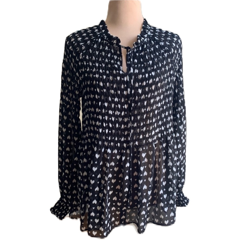 Rose+Olive Black long sleeve blouse white hearts and smocked.   Valentine